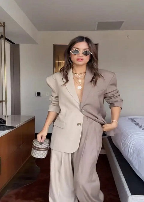 New Fashion Panelled Patchwork Blazer Pants 2 piece Set CODE: KAR4712
