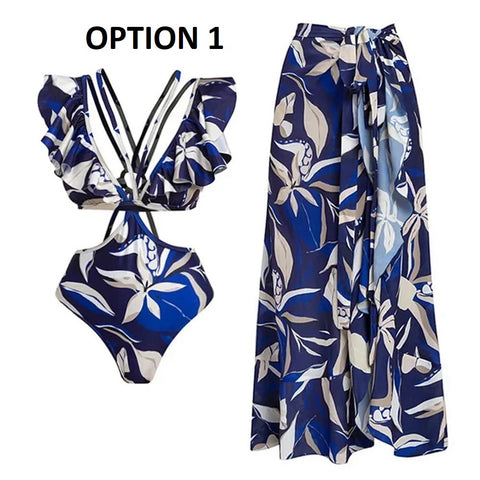 New fashion Ruffle Edge Hollow Strap Printed Swimsuit CODE: KAR4714