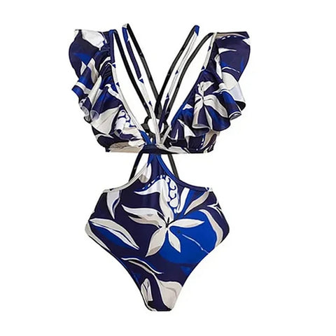 New fashion Ruffle Edge Hollow Strap Printed Swimsuit CODE: KAR4714