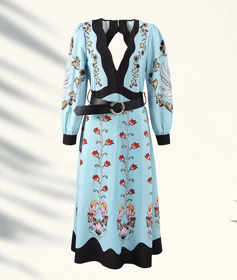 New Fashion Elegant Printed Deep V-neck Long Dress CODE: KAR4718