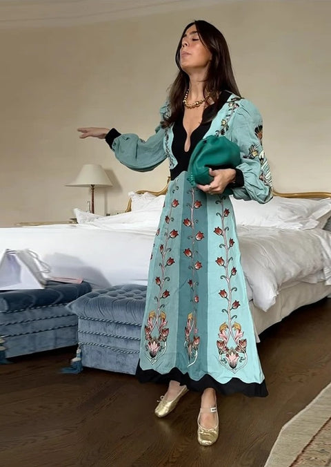 New Fashion Elegant Printed Deep V-neck Long Dress CODE: KAR4718