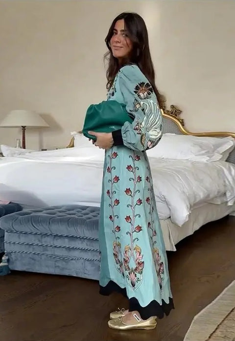 New Fashion Elegant Printed Deep V-neck Long Dress CODE: KAR4718