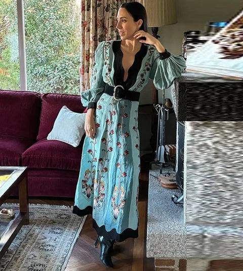 New Fashion Elegant Printed Deep V-neck Long Dress CODE: KAR4718