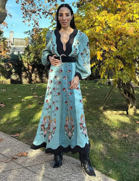 New Fashion Elegant Printed Deep V-neck Long Dress CODE: KAR4718