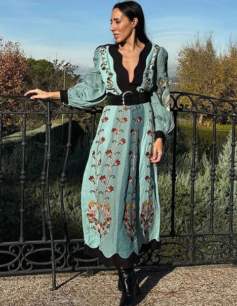 New Fashion Elegant Printed Deep V-neck Long Dress CODE: KAR4718