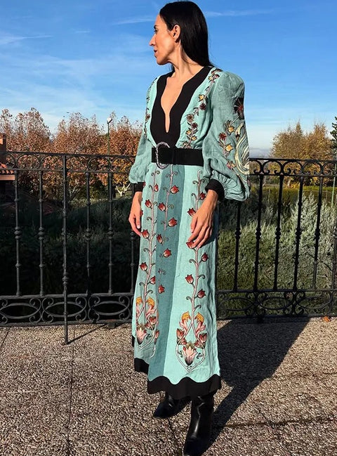 New Fashion Elegant Printed Deep V-neck Long Dress CODE: KAR4718