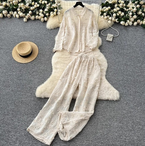New Embroidered Loose Long Sleeved Cardigan Two Piece Set CODE: KAR4725
