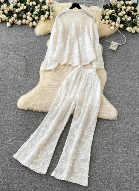 New Embroidered Loose Long Sleeved Cardigan Two Piece Set CODE: KAR4725