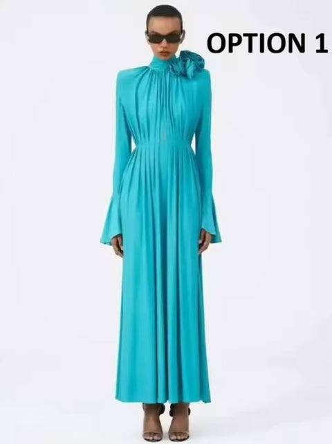 New Stand Collar Flare Sleeve Side Slit Pleated Long Dress CODE: KAR4726