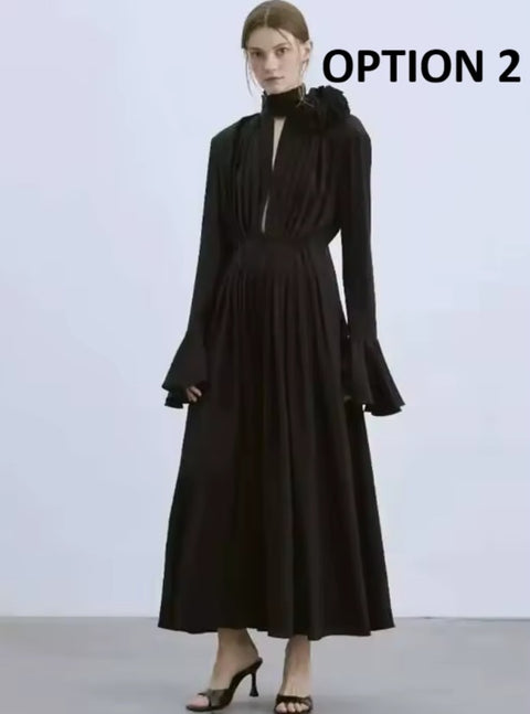 New Stand Collar Flare Sleeve Side Slit Pleated Long Dress CODE: KAR4726
