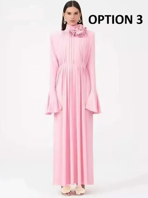 New Stand Collar Flare Sleeve Side Slit Pleated Long Dress CODE: KAR4726