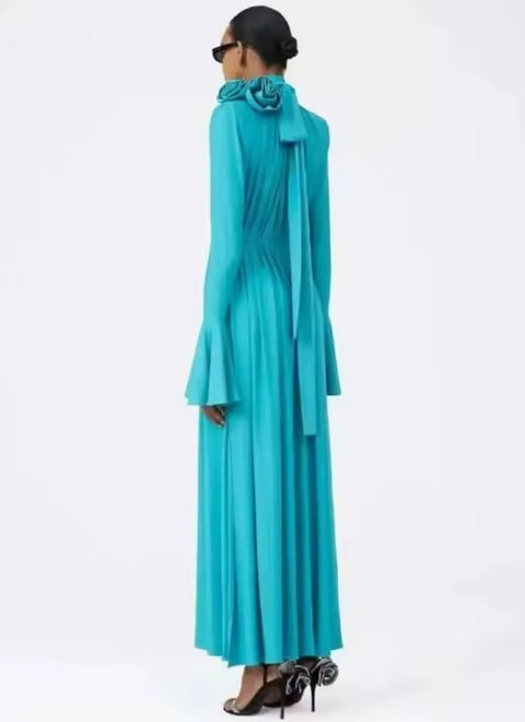 New Stand Collar Flare Sleeve Side Slit Pleated Long Dress CODE: KAR4726