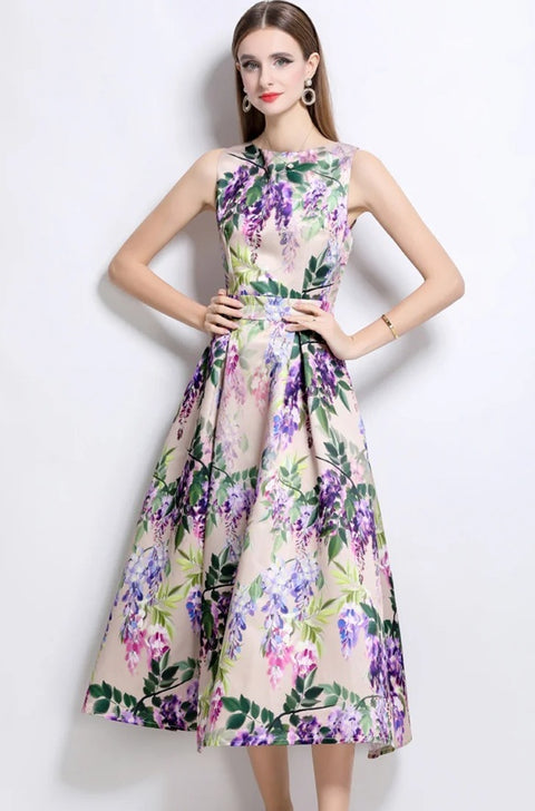 New Flower Print Casual Sleeveless Long Dress CODE: KAR4740