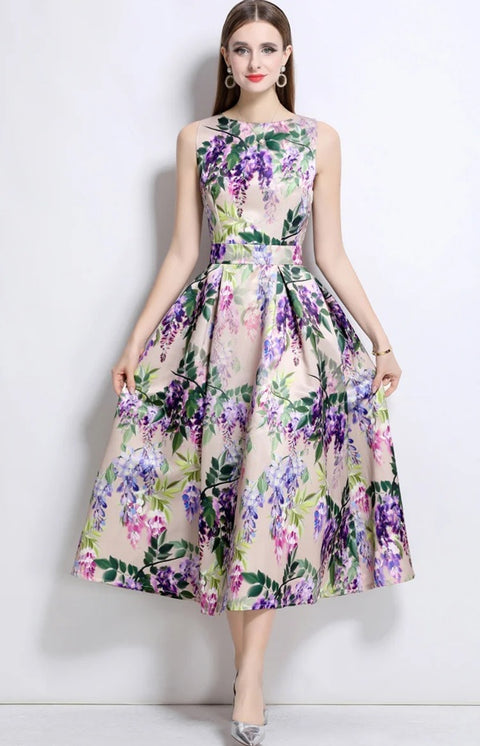 New Flower Print Casual Sleeveless Long Dress CODE: KAR4740