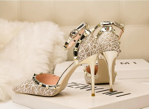 New Shallow Pointed Hollow Riveted High Heels Sandals CODE: KAR4749
