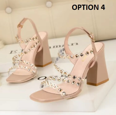 Summer New Rivet Band Party Chunky Shiny High Heels Sandals CODE: KAR4751