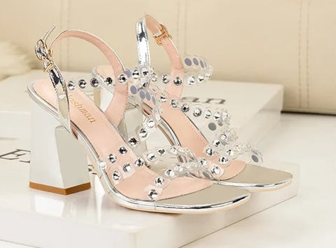 Summer New Rivet Band Party Chunky Shiny High Heels Sandals CODE: KAR4751
