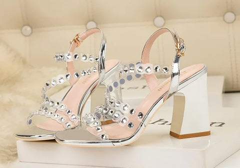 Summer New Rivet Band Party Chunky Shiny High Heels Sandals CODE: KAR4751