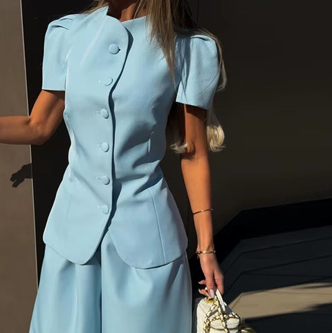 New O-neck Puff Sleeve Shirt & Loose Lantern Commute Set CODE: KAR4762