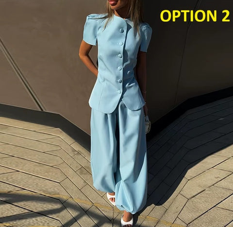 New O-neck Puff Sleeve Shirt & Loose Lantern Commute Set CODE: KAR4762