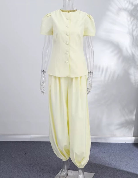New O-neck Puff Sleeve Shirt & Loose Lantern Commute Set CODE: KAR4762