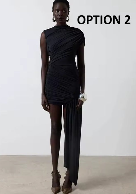 New Irregular Round Neck Ruched Sleeveless High Waist Mini Dress CODE: KAR4765