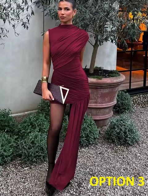 New Irregular Round Neck Ruched Sleeveless High Waist Mini Dress CODE: KAR4765