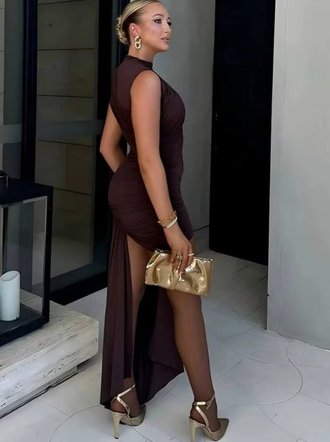 New Irregular Round Neck Ruched Sleeveless High Waist Mini Dress CODE: KAR4765