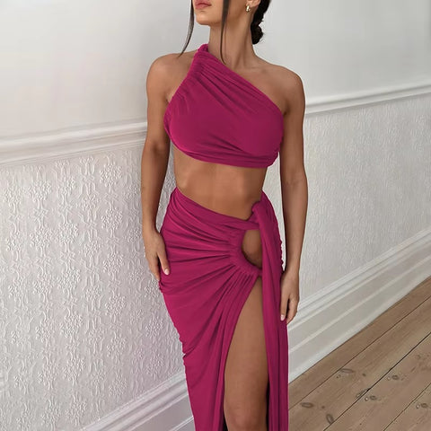 New Fashion Summer Strap Spit Crop Top Side Slit Slim Long Skirt 2 Pieces Set CODE: KAR4766