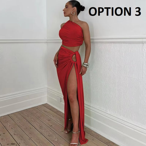 New Fashion Summer Strap Spit Crop Top Side Slit Slim Long Skirt 2 Pieces Set CODE: KAR4766
