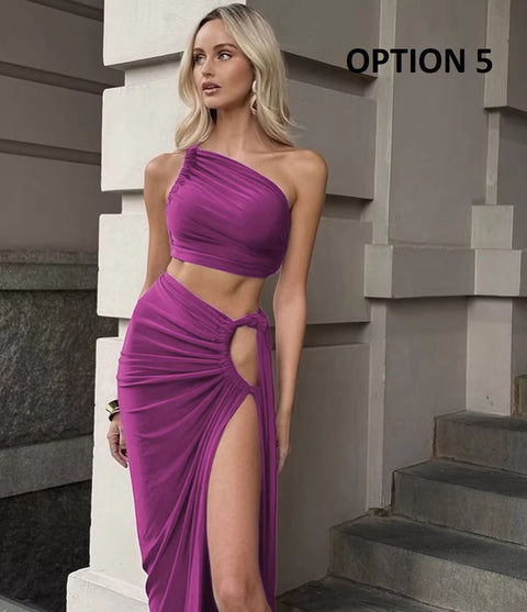 New Fashion Summer Strap Spit Crop Top Side Slit Slim Long Skirt 2 Pieces Set CODE: KAR4766