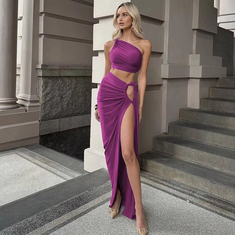New Fashion Summer Strap Spit Crop Top Side Slit Slim Long Skirt 2 Pieces Set CODE: KAR4766