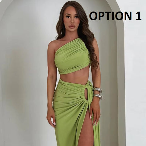 New Fashion Summer Strap Spit Crop Top Side Slit Slim Long Skirt 2 Pieces Set CODE: KAR4766