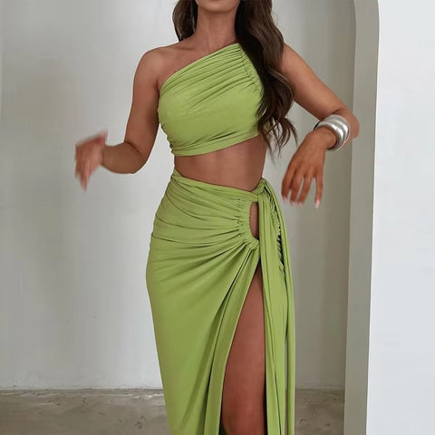 New Fashion Summer Strap Spit Crop Top Side Slit Slim Long Skirt 2 Pieces Set CODE: KAR4766