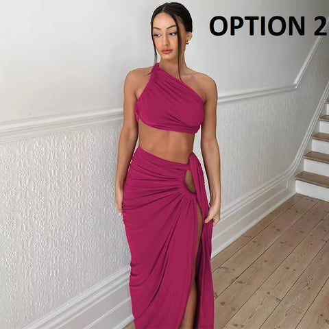 New Fashion Summer Strap Spit Crop Top Side Slit Slim Long Skirt 2 Pieces Set CODE: KAR4766