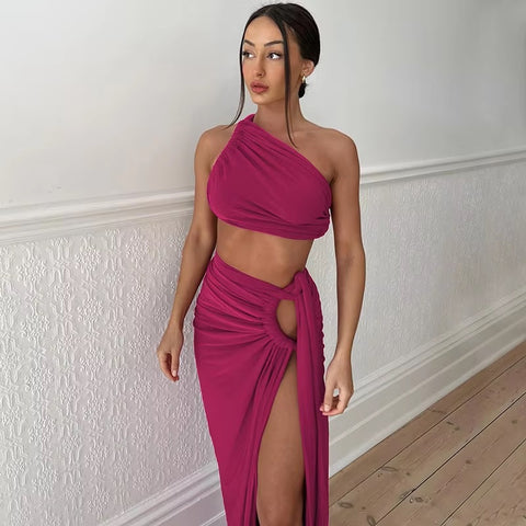 New Fashion Summer Strap Spit Crop Top Side Slit Slim Long Skirt 2 Pieces Set CODE: KAR4766
