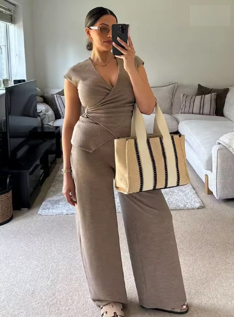 New Style O-Neck Short Top+Loose Zipper Wide-leg Pleated Pants Suit CODE: KAR4769