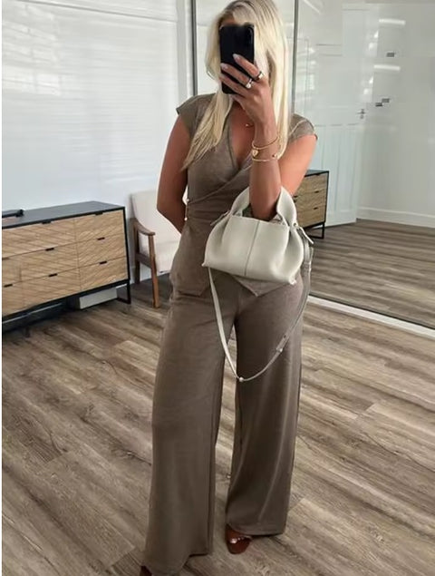 New Style O-Neck Short Top+Loose Zipper Wide-leg Pleated Pants Suit CODE: KAR4769