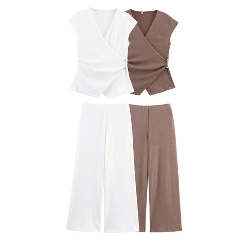 New Style O-Neck Short Top+Loose Zipper Wide-leg Pleated Pants Suit CODE: KAR4769