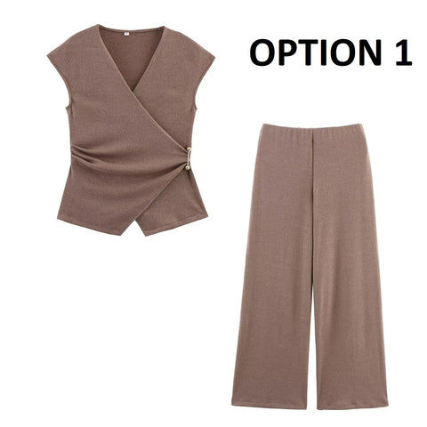 New Style O-Neck Short Top+Loose Zipper Wide-leg Pleated Pants Suit CODE: KAR4769
