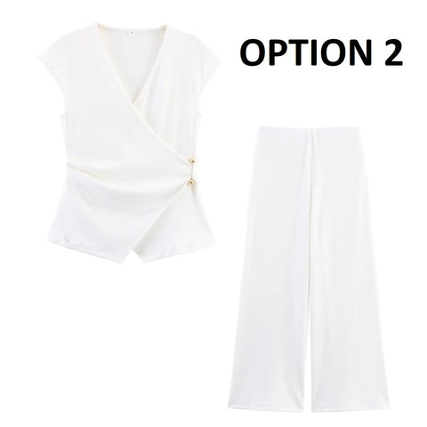 New Style O-Neck Short Top+Loose Zipper Wide-leg Pleated Pants Suit CODE: KAR4769