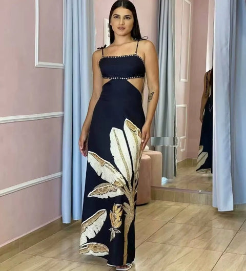 New Exposing Backless Strap Flower Print Sleeveless Long Dress CODE: KAR4771