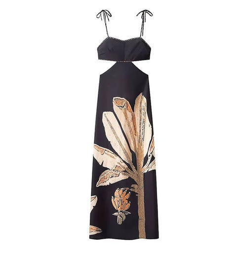 New Exposing Backless Strap Flower Print Sleeveless Long Dress CODE: KAR4771