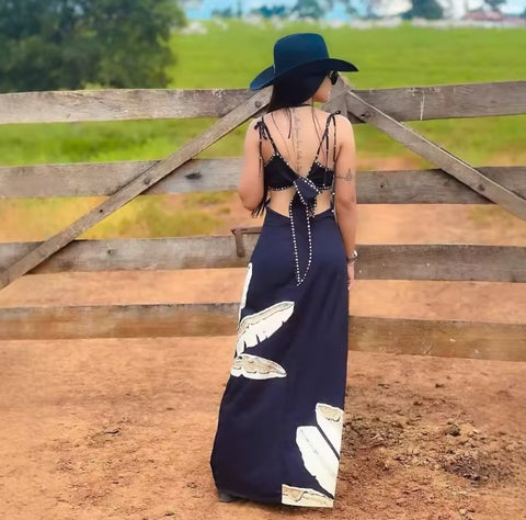 New Exposing Backless Strap Flower Print Sleeveless Long Dress CODE: KAR4771