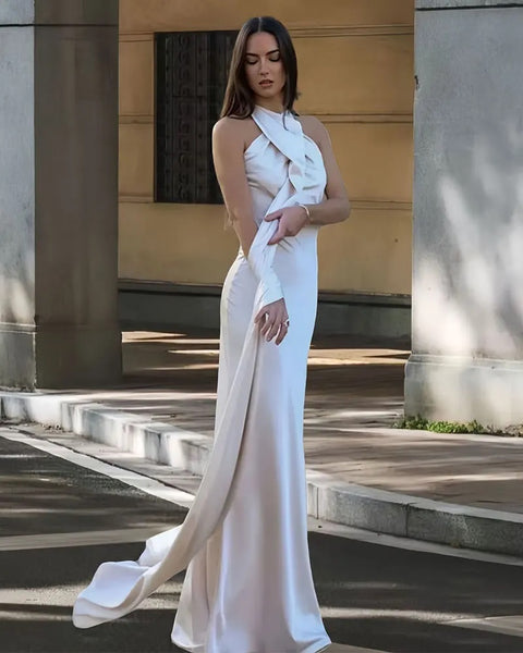 New Off Shoulder Satin Ribbon Halter Maxi Long Dress CODE: KAR4773