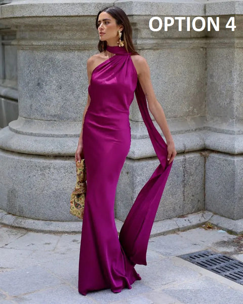 New Off Shoulder Satin Ribbon Halter Maxi Long Dress CODE: KAR4773