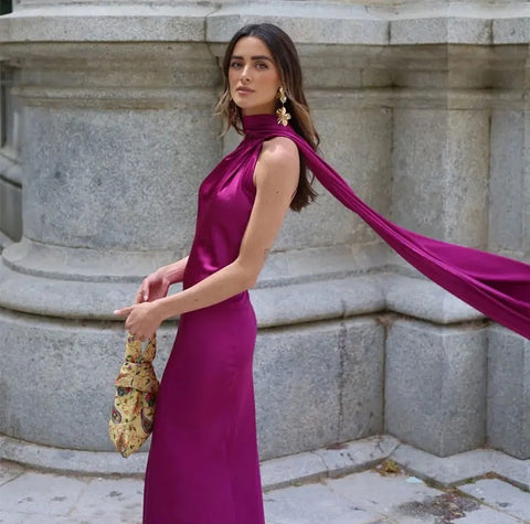 New Off Shoulder Satin Ribbon Halter Maxi Long Dress CODE: KAR4773