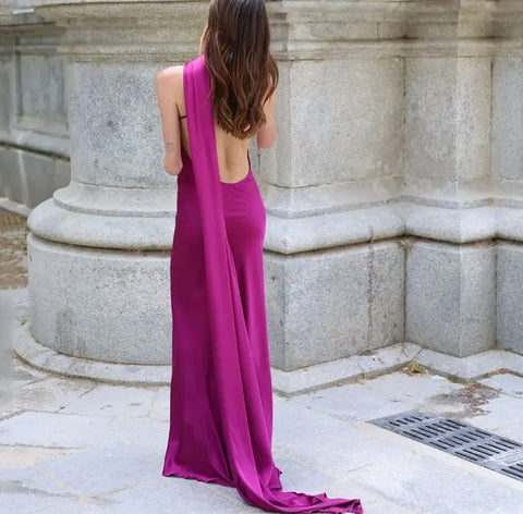 New Off Shoulder Satin Ribbon Halter Maxi Long Dress CODE: KAR4773