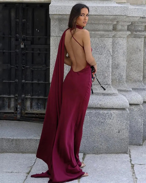 New Off Shoulder Satin Ribbon Halter Maxi Long Dress CODE: KAR4773