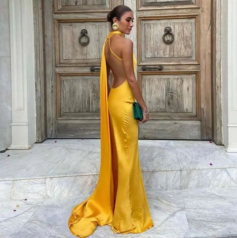 New Off Shoulder Satin Ribbon Halter Maxi Long Dress CODE: KAR4773